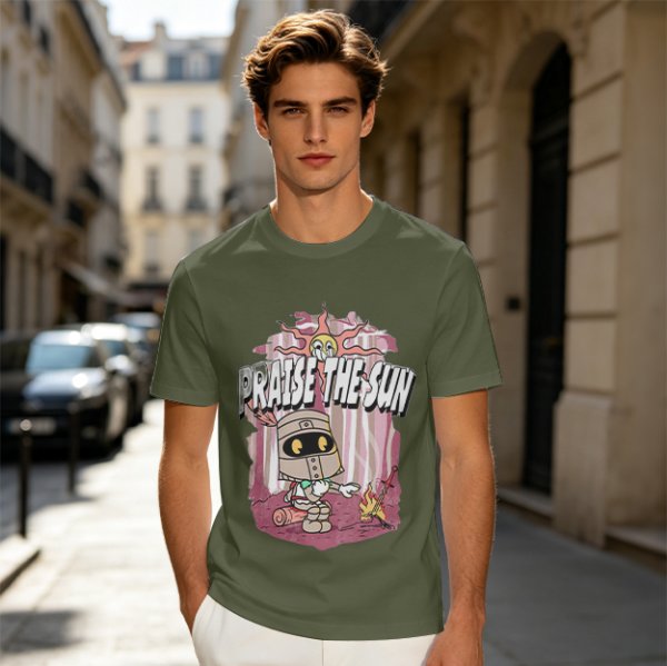 Olive t-shirt with cartoon knight 'Praise the Sun' graphic