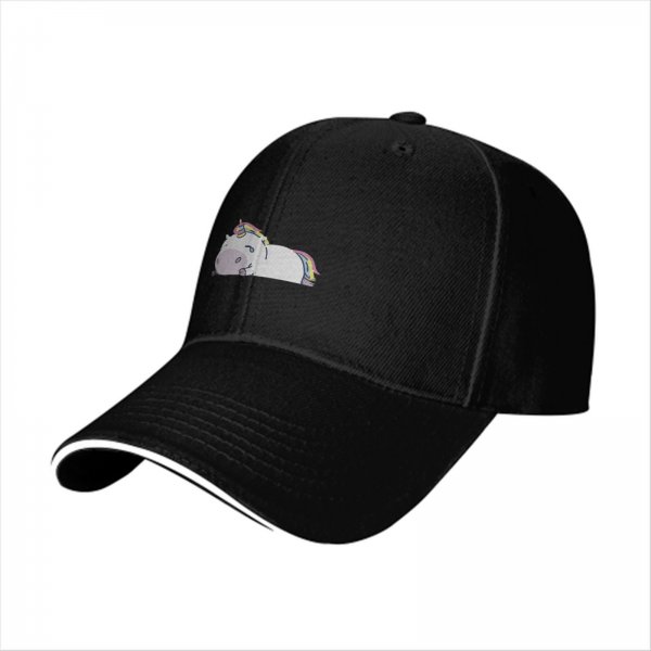 Black Baseball Cap With Chubby Lying Unicorn Rainbow Print