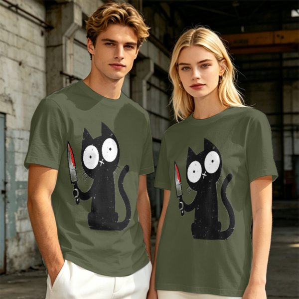 Olive T-shirt with a black cartoon cat holding a bloodied knife