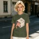 Olive T-Shirt With Whimsical Cat Mug Graphic Print