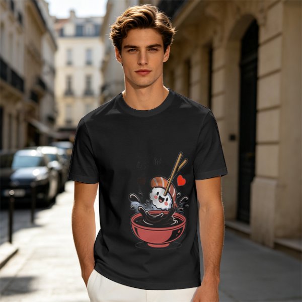 Olive T-shirt with Cute Sushi Dipping in Soy Sauce Graphic