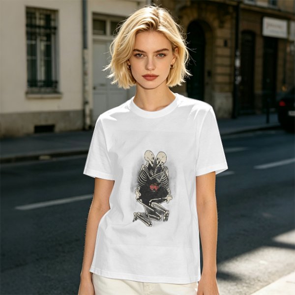Olive T-Shirt With Skeleton Couple Embracing Red Heart Print