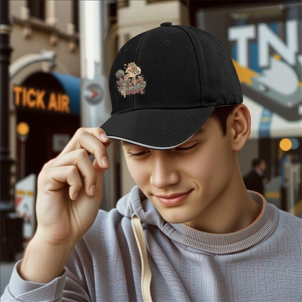 Black Baseball Cap With Whimsical Floating Island Art Print
