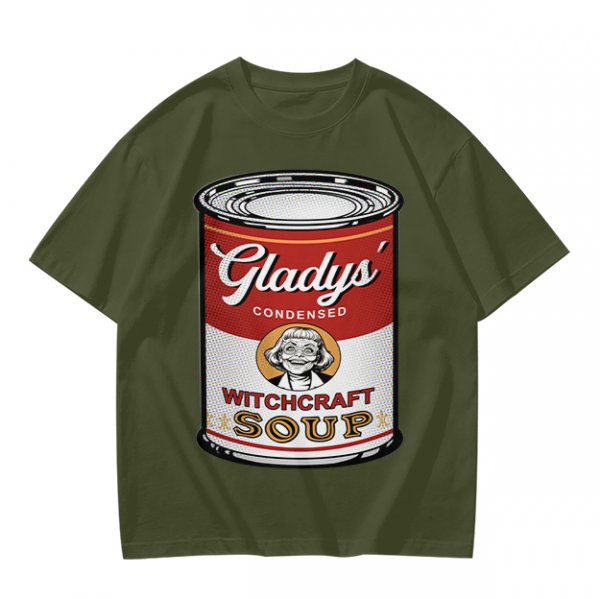 Olive T-Shirt With Gladys' Witchcraft Soup Can Graphic
