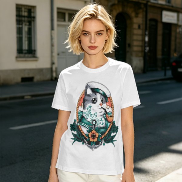 Olive T-Shirt With Sailor Cat Tattooed Pipe Design
