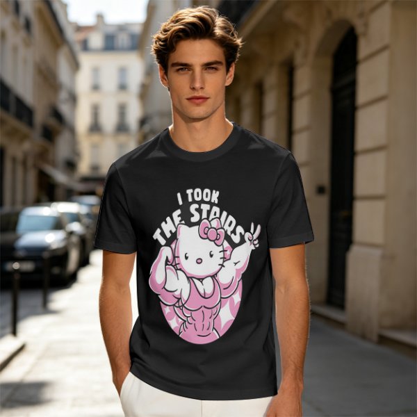 Olive t-shirt with muscular Hello Kitty graphic and 'I Took The Stairs' text