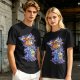 Olive green t-shirt with cartoon characters in cosplay graphic