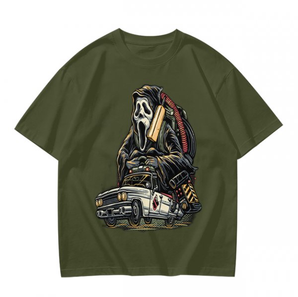 Olive T-shirt with Ghostface driving a Ghostbusters-style car graphic