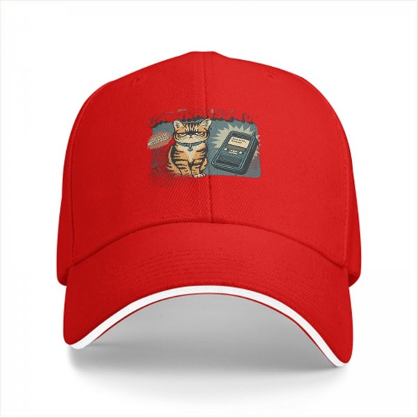 Black baseball cap with retro grumpy tabby cat and old mobile print