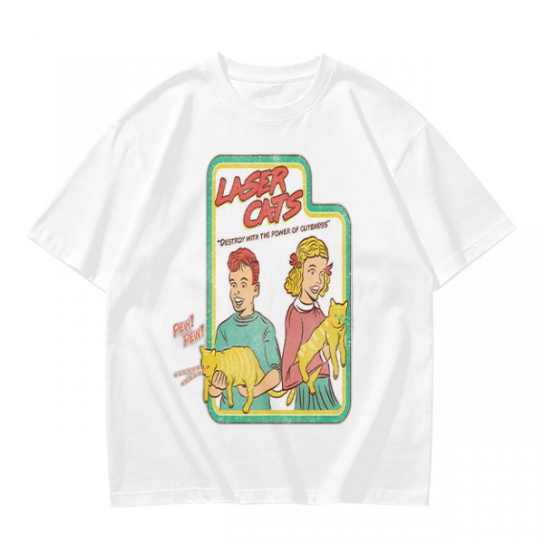 Olive graphic tee with Laser Cats retro comic print of kids holding laser cats