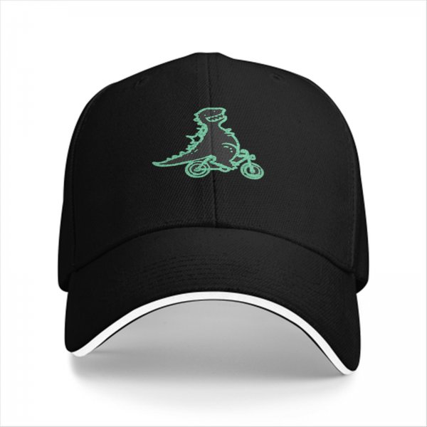 Black Baseball Cap with T-Rex Dinosaur Riding a Bike Graphic