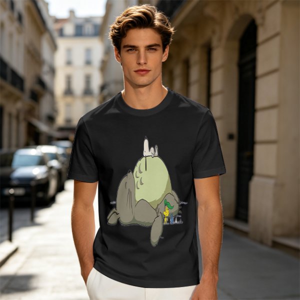 Olive T-shirt with whimsical forest spirit and small animal graphic print