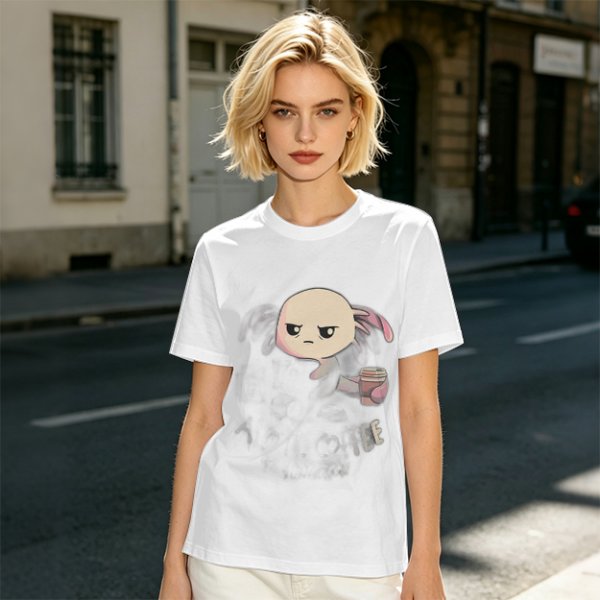 Olive T-shirt with Grumpy Axolotl Holding Coffee Print