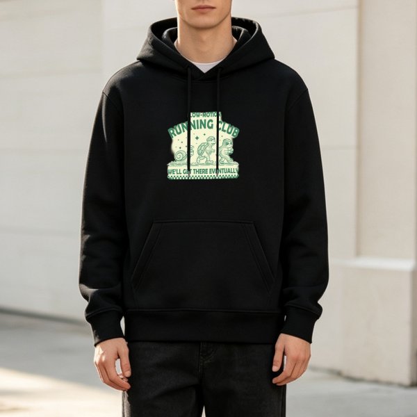 Black Hoodie With Low-Motion Running Club Sloth Turtle Snail Graphic