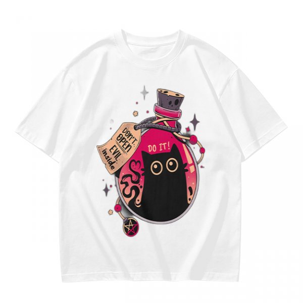 Olive T-shirt with a potion bottle holding a black cat that says don't open evil inside do it