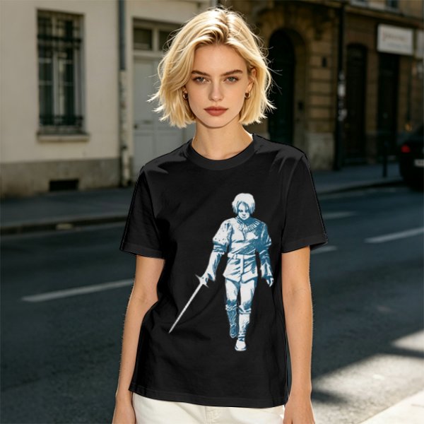 Olive T-shirt with Walking Swordsman Graphic Print