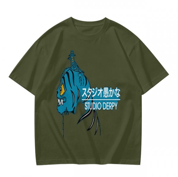 Olive Graphic T-Shirt with Blue Tiger and Studio Derpy Text