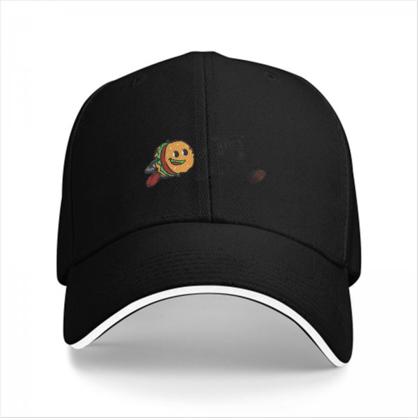 Black baseball cap with a cartoon flying burger graphic