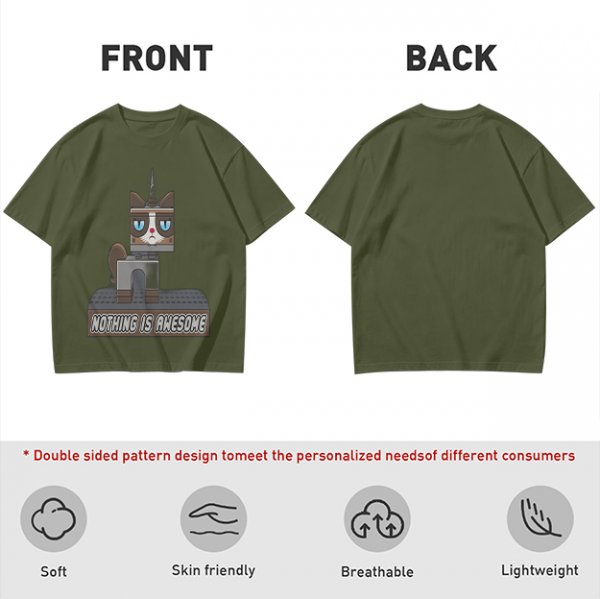 Olive T-Shirt with Grumpy Cat Lego Style 'Nothing Is Awesome' Print