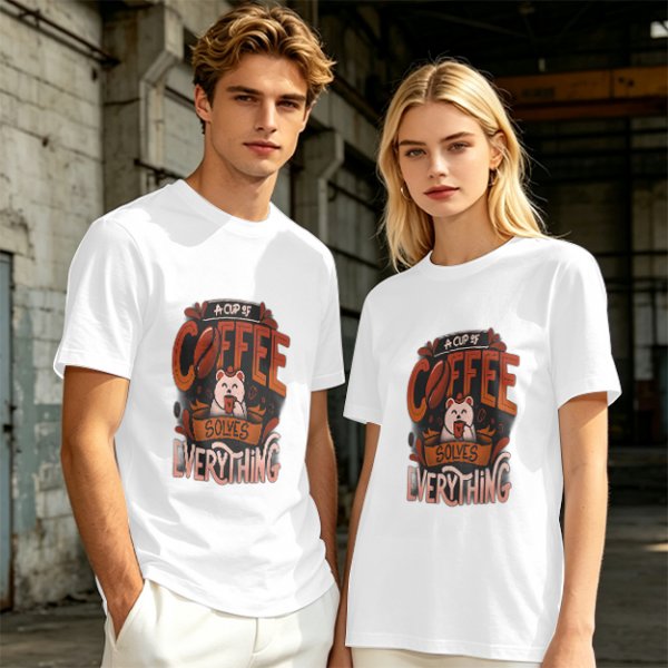 Olive t-shirt with coffee bear graphic that says a cup of coffee solves everything