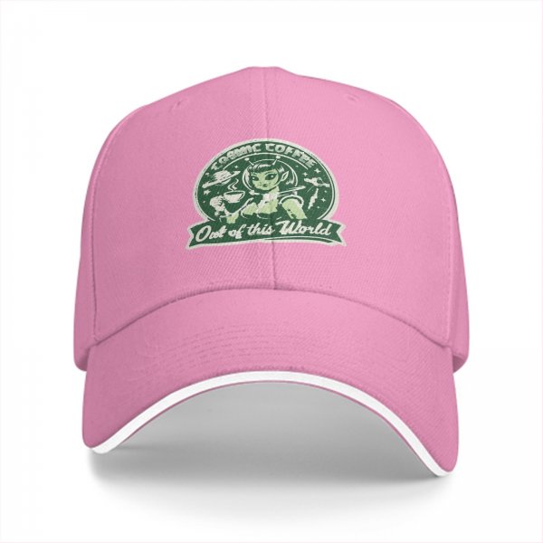 Black baseball cap with cosmic coffee alien girl graphic