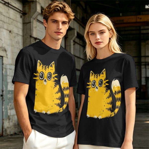Olive Green T-Shirt With Cute Surprised Yellow Tabby Cat Graphic