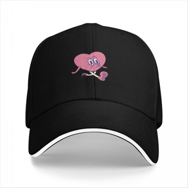 Black baseball cap with sad running pink heart graphic