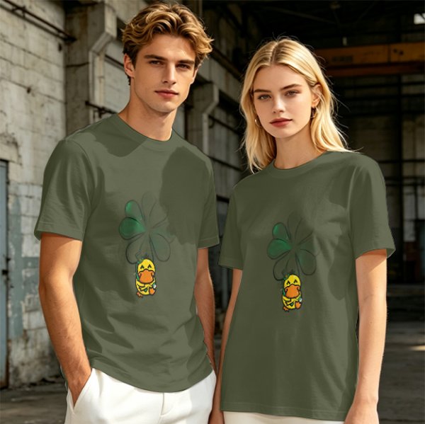 Olive T-shirt with Cute Duck Holding Four-Leaf Clover Print