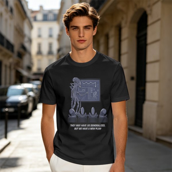 Olive green t-shirt with alien teaching plan graphic and funny text