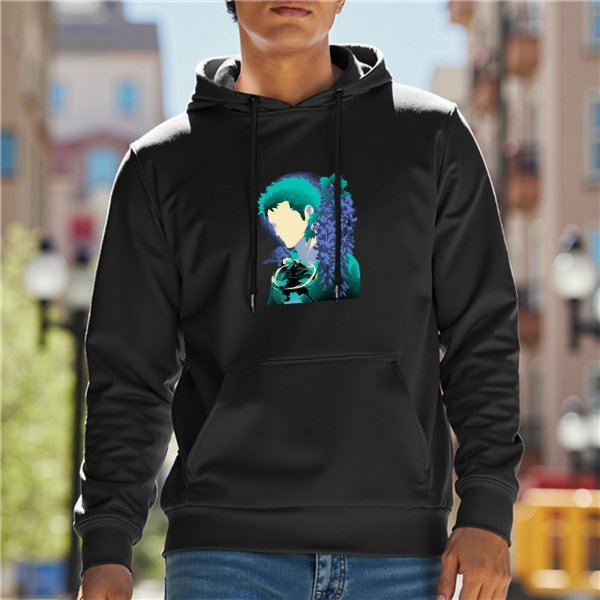 Black hoodie with anime character silhouette and wisteria floral art