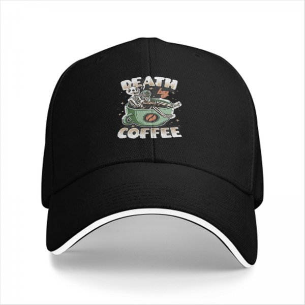 Black Baseball Cap With 'Death By Coffee' Skeleton Graphic