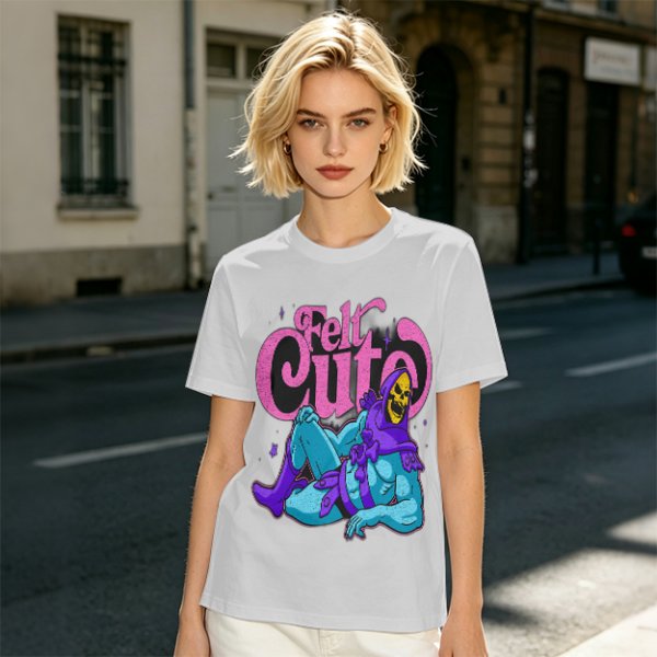 Olive t-shirt with 'Felt Cute' Skeletor graphic print