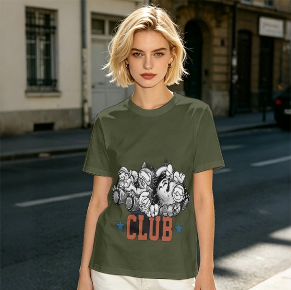 Olive T-Shirt With Cartoon Characters And 'CLUB' Graphic Print
