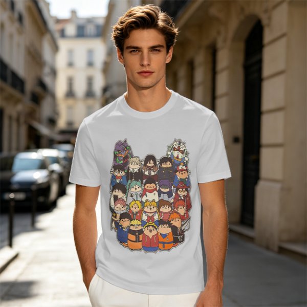 Olive T-shirt with cute chibi anime character group print