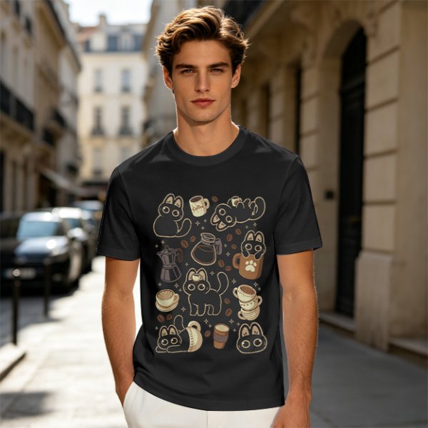 Olive T-Shirt With Cute Black Cats And Coffee Themed Print