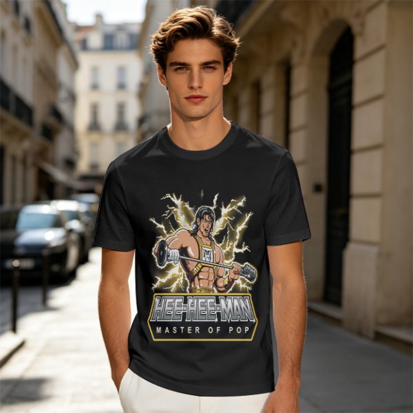 Olive T-shirt with Hee-Hee-Man Master of Pop Lifting Barbell Graphic