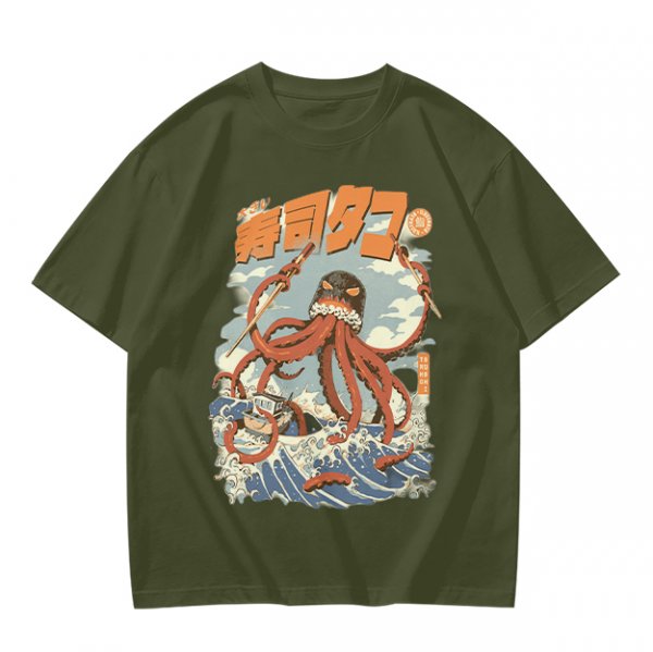 Olive t-shirt with Japanese octopus sushi warrior wave graphic