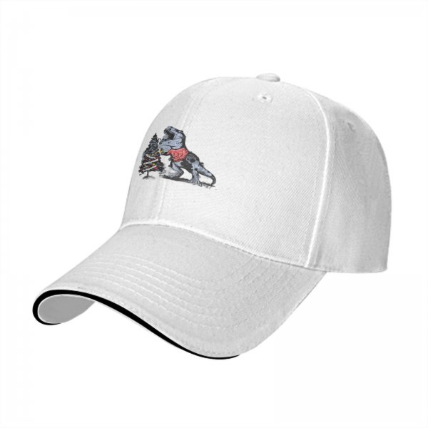 Black Baseball Cap with T-Rex Dinosaur and Christmas Tree Design