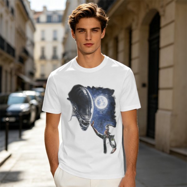 Olive Green Alien Moon Reaching Graphic T-Shirt