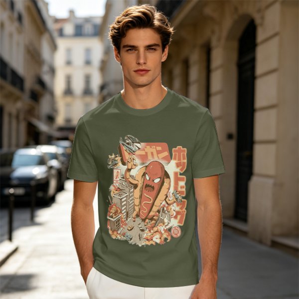 Giant Hot Dog Monster Destroying City Graphic T-Shirt