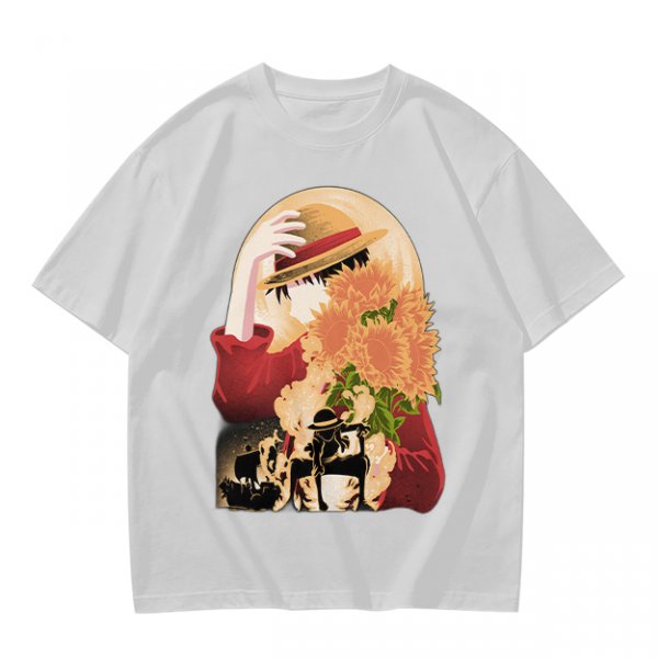 Olive anime graphic t-shirt with straw hat and sunflowers