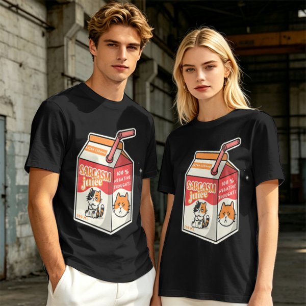 Olive green t-shirt with sarcasm juice carton and grumpy cat print