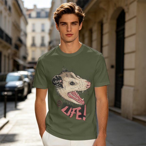 Olive T-Shirt With Aggressive Opossum 'LIFE!' Graphic Print