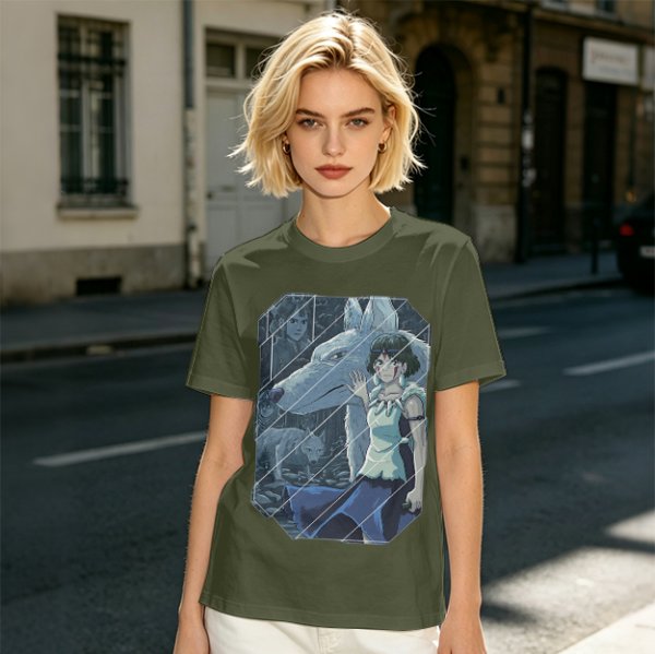 Olive T-Shirt Featuring Princess Mononoke Wolf Artwork