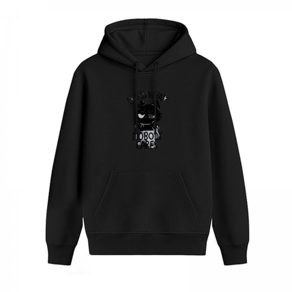 Black graphic hoodie with 'Guess What Nobody Cares' cat print