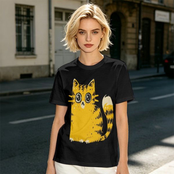 Olive Green T-Shirt With Cute Surprised Yellow Tabby Cat Graphic