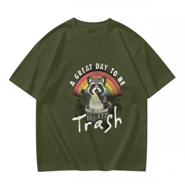 Olive Graphic T-Shirt With Raccoon Rainbow 'A Great Day To Be Trash' Print