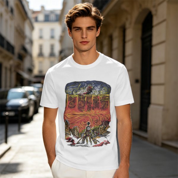 Olive T-shirt with Artistic Swirling Scene Print Featuring a Silhouetted Figure
