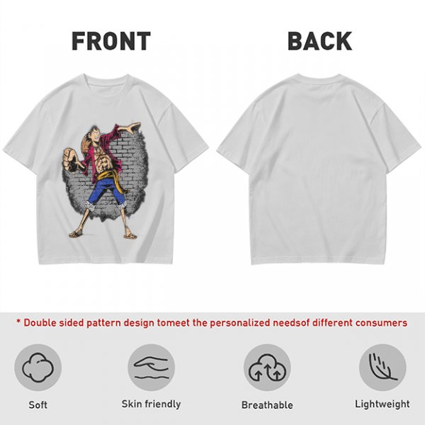 Olive T-Shirt with Monkey D Luffy Breaking Through Brick Wall Art