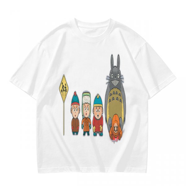 Olive T-shirt with cartoon characters print featuring Totoro and small figures